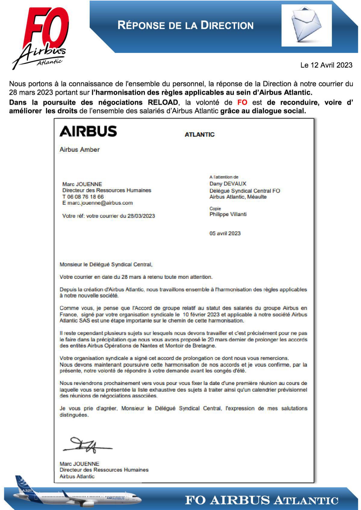 Réponse de la Direction à notre courrier du 28 Mars 2023 portant sur l’harmonisation des règles applicables au sein d’Airbus Atlantic 