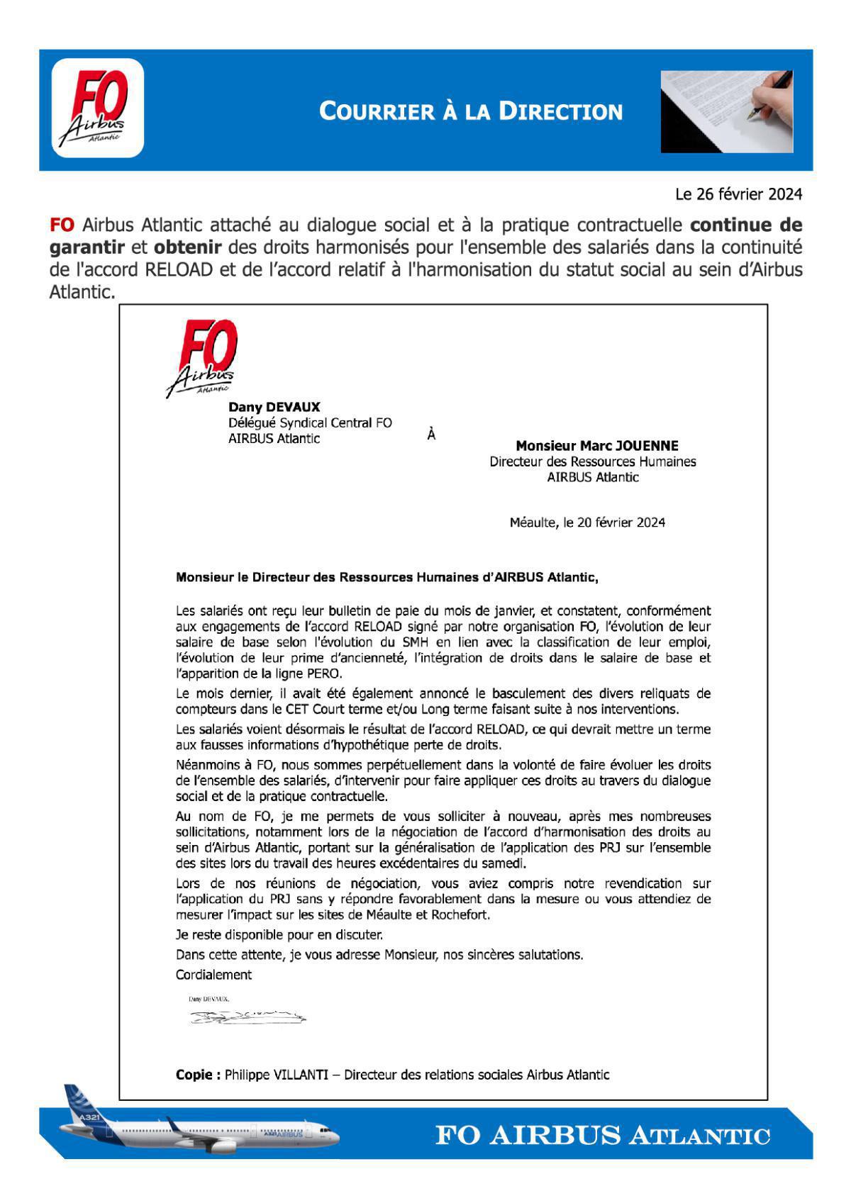 Réponse de la Direction à notre courrier du 20 février 2024 portant sur la généralisation de l’application des PRJ sur l’ensemble des sites lors du travail des heures excédentaires du samedi.