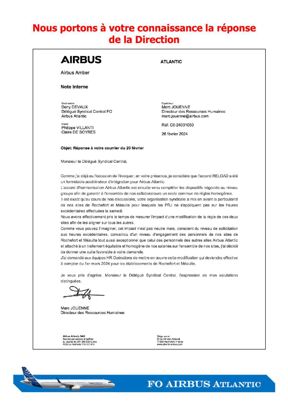 Réponse de la Direction à notre courrier du 20 février 2024 portant sur la généralisation de l’application des PRJ sur l’ensemble des sites lors du travail des heures excédentaires du samedi. Réponse de la Direction à notre courrier du 20 février 2024 portant sur la généralisation de l’application des PRJ sur l’ensemble des sites lors du travail des heures excédentaires du samedi.