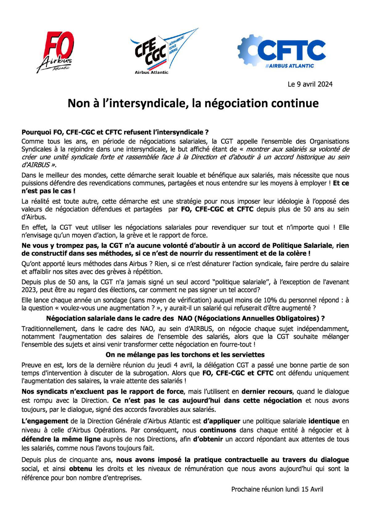 Communiqué Intersyndical : FO,CFE-CGC, CFTC, Non à l'intersyndicale, la négociation continue !
