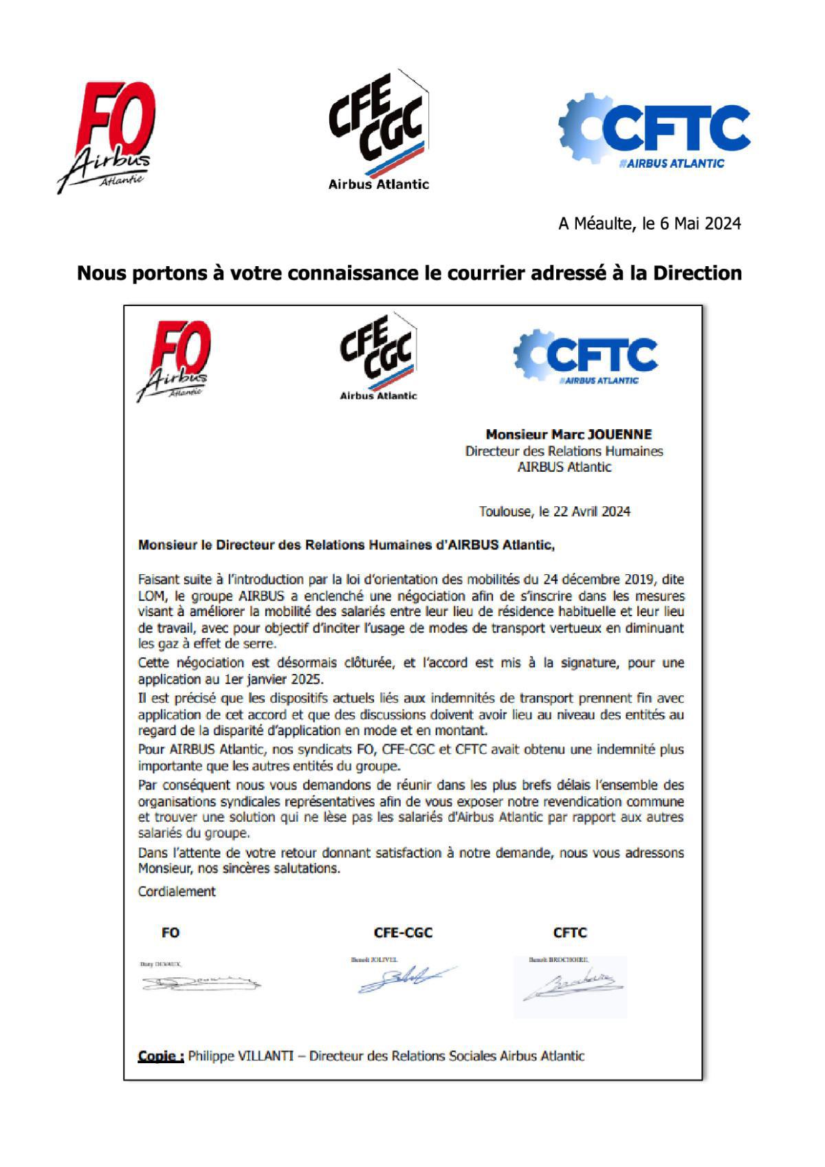 Réponse de la Direction à notre courrier du 22 avril 2024 portant sur la Mobilité (Domicile/Travail)