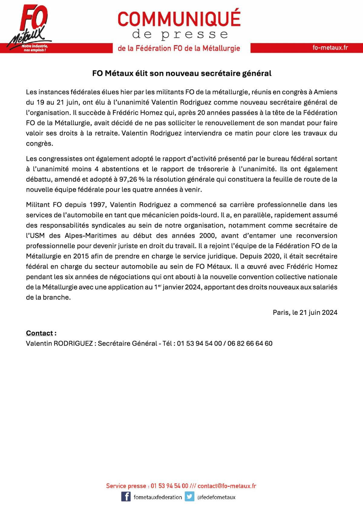 Communiqué de presse de la Fédération FO de la Métallurgie : FO métaux élit son nouveau Secrétaire Général Valentin Rodriguez