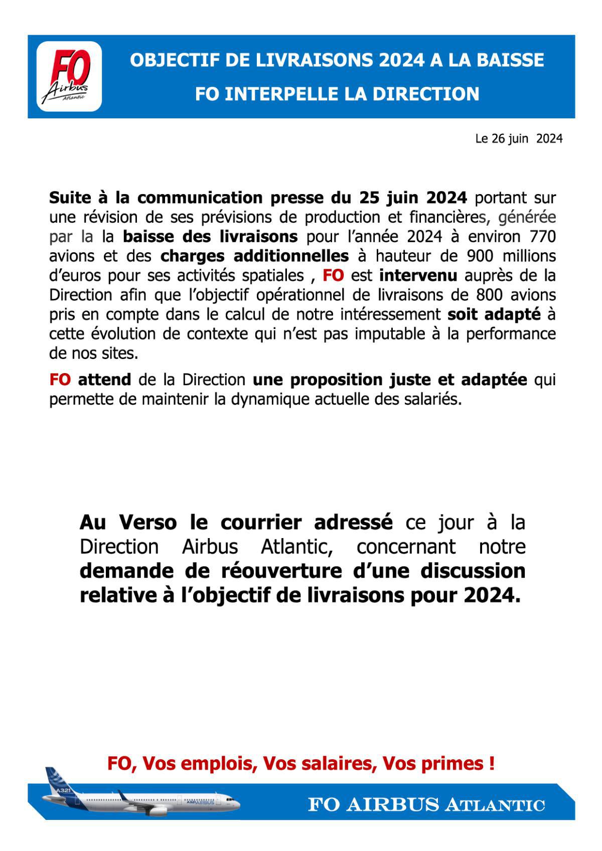 Objectif de livraisons 2024 à la baisse : FO interpelle la Direction