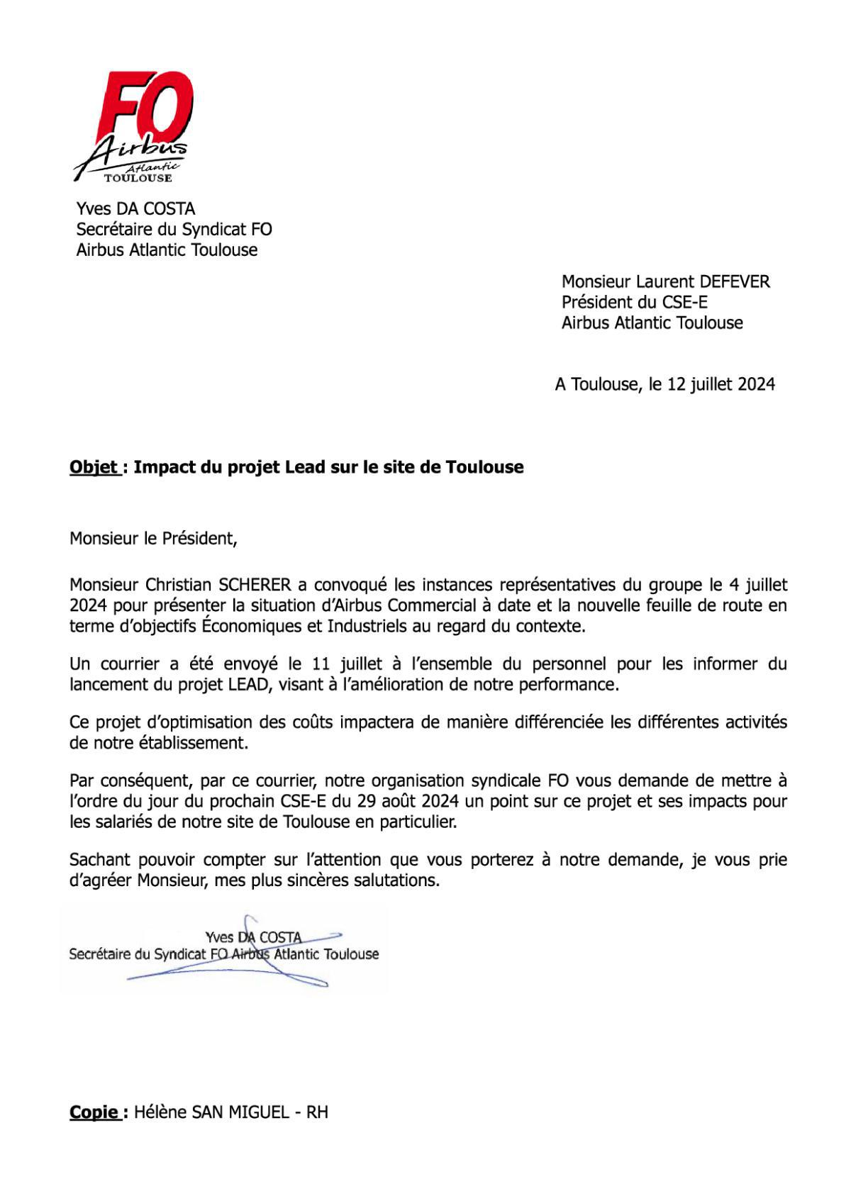 Courrier adressé au Président du CSE-E : Lancement du projet LEAD