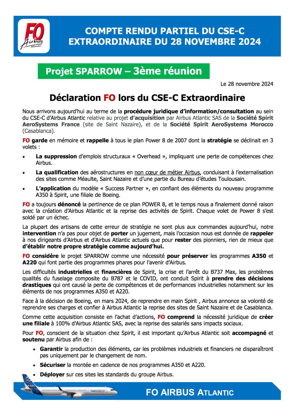 Flash Info : CR Partiel du CSE-C Extraordinaire du 28 novembre 2024 - Projet SPARROW - Recueil des avis