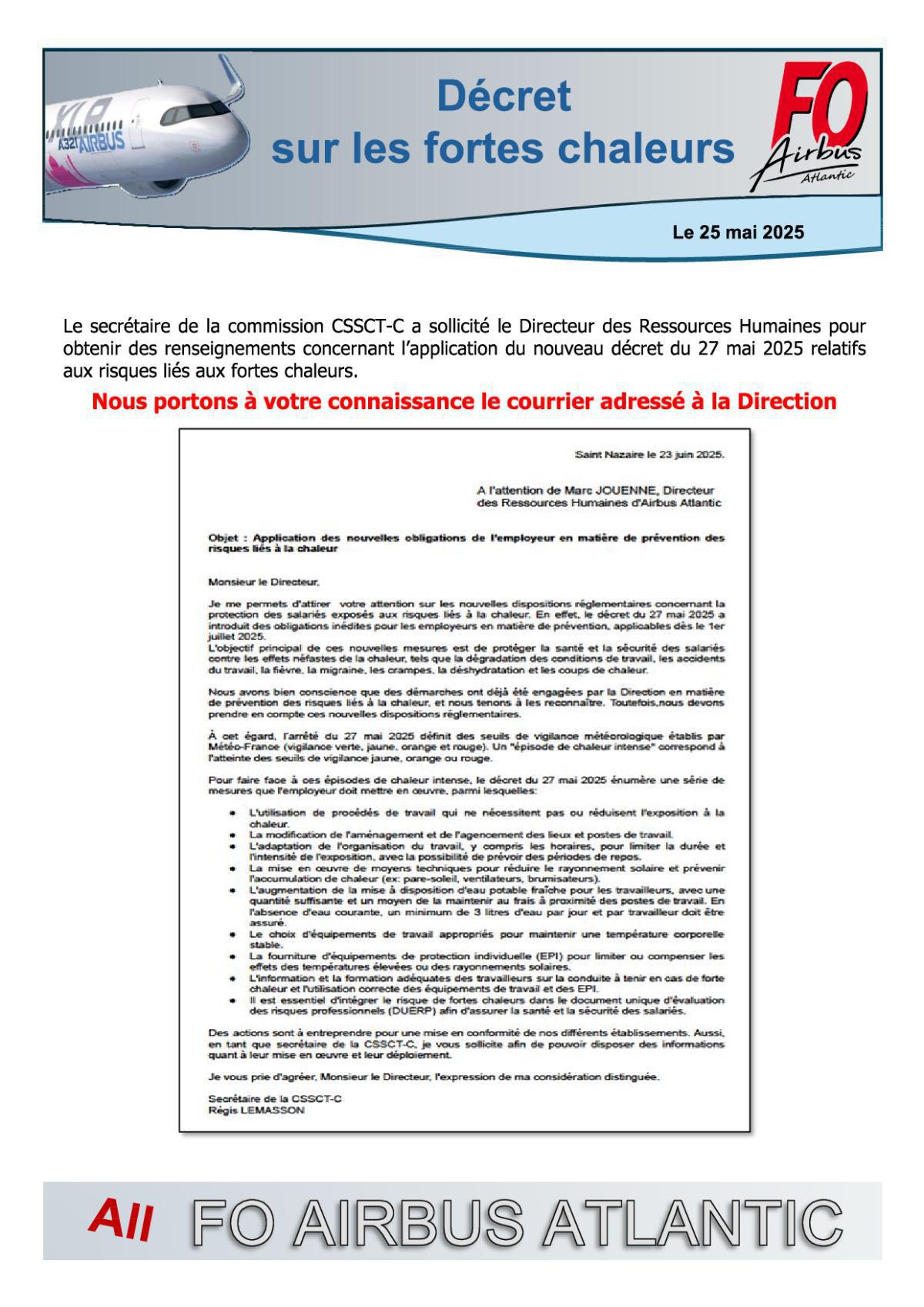 Le secrétaire de la CSSCT-C interpelle la Direction concernant le Décret sur les fortes chaleurs