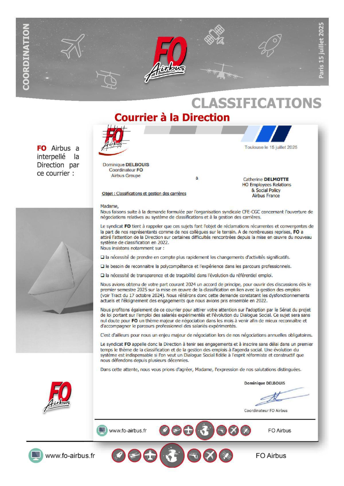 Courrier FO ----> Direction : Classifications et Gestion des Carrières