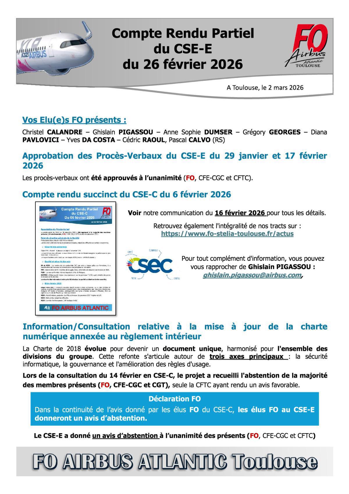 Flash Info : Compte Rendu Partiel du CSE-E du 26 février 2026