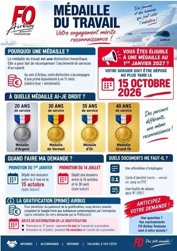 Médaille du travail (promotion du 1er janvier 2027) : Déposez votre dossier avant le 15 octobre 2026