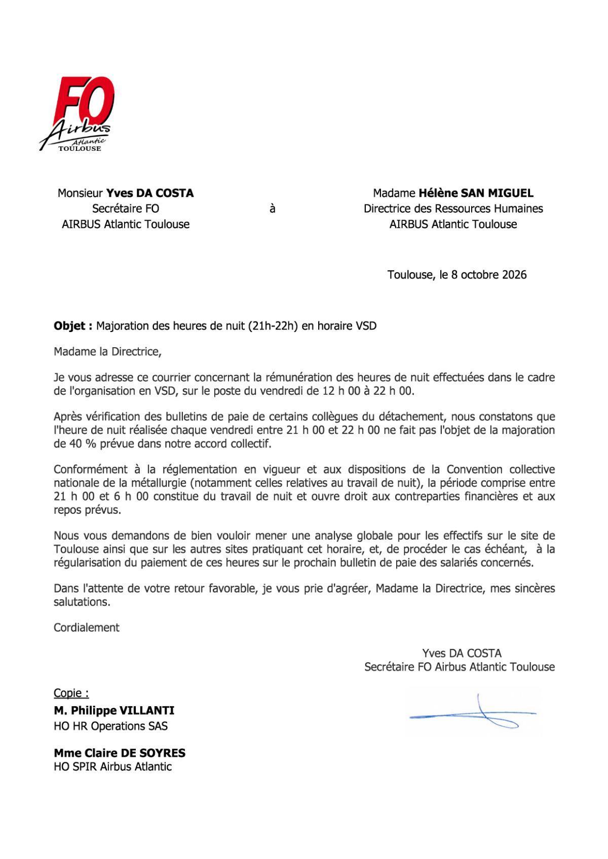 Majoration des heures de nuit (21h-22h) en horaire VSD: Courrier adressé à la Direction 