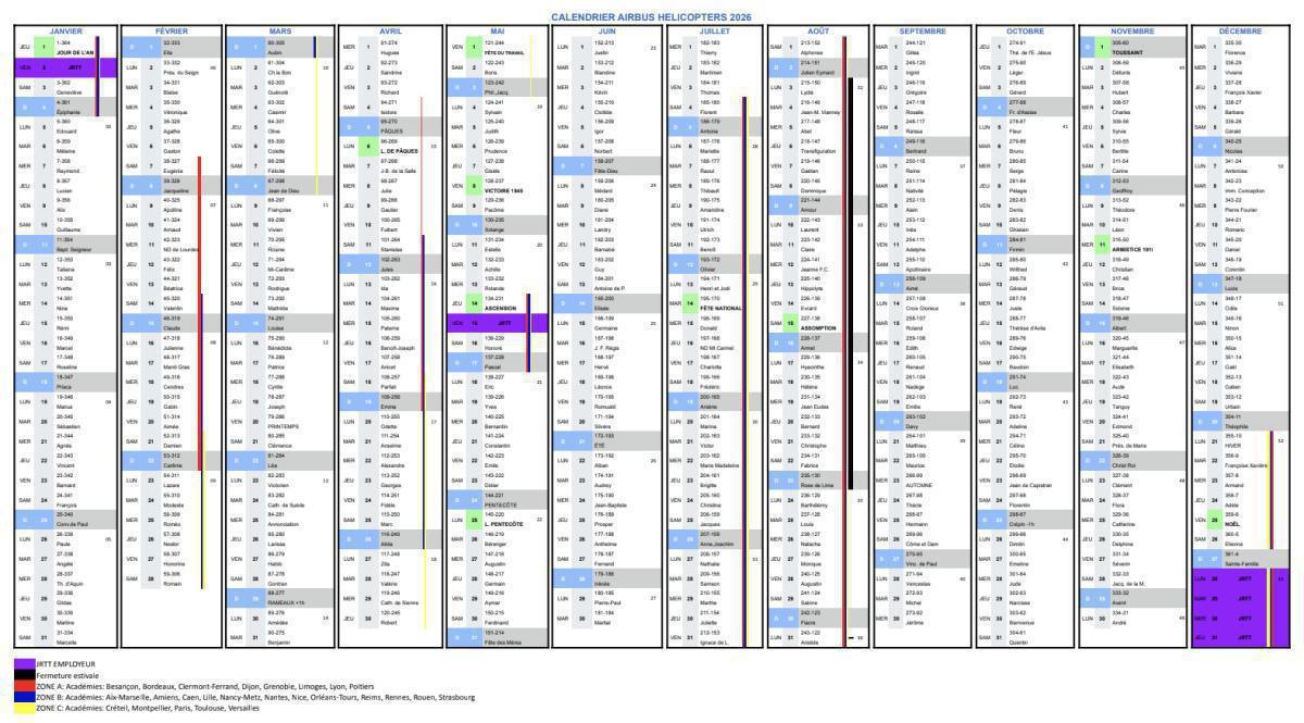 Calendrier des congés d'été et Jrtt-e 2026.