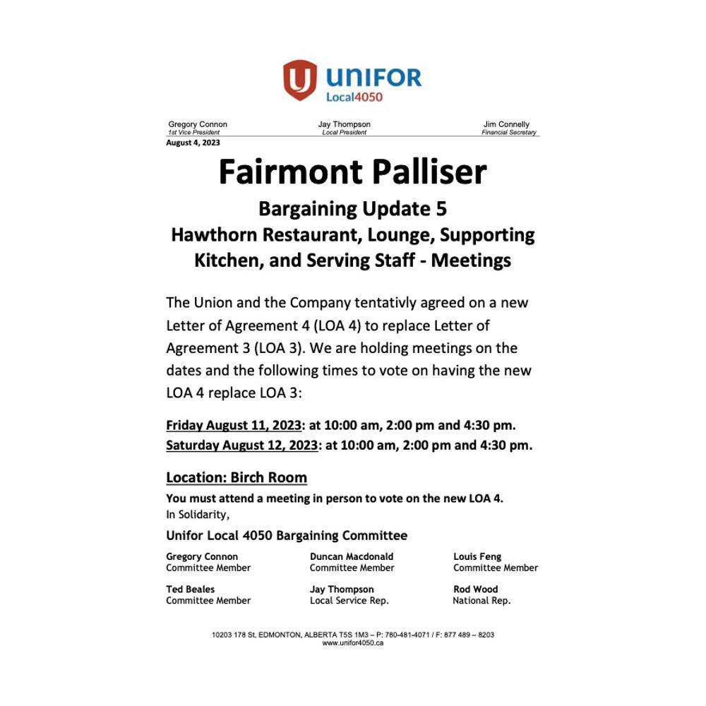 Fairmont Palliser Bargaining Update 5