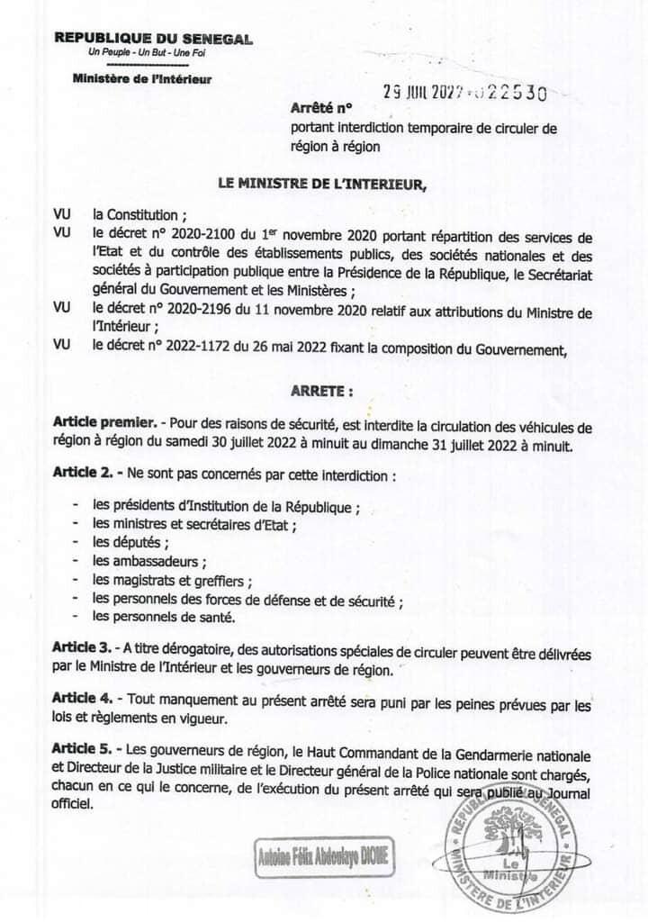 Interdiction de circuler de région à région à partir de minuit pour les véhicules