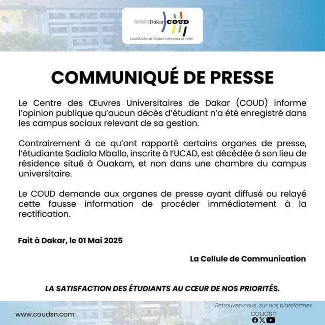 Etudiante retrouvée morte dans une chambre - Les précisions du COUD