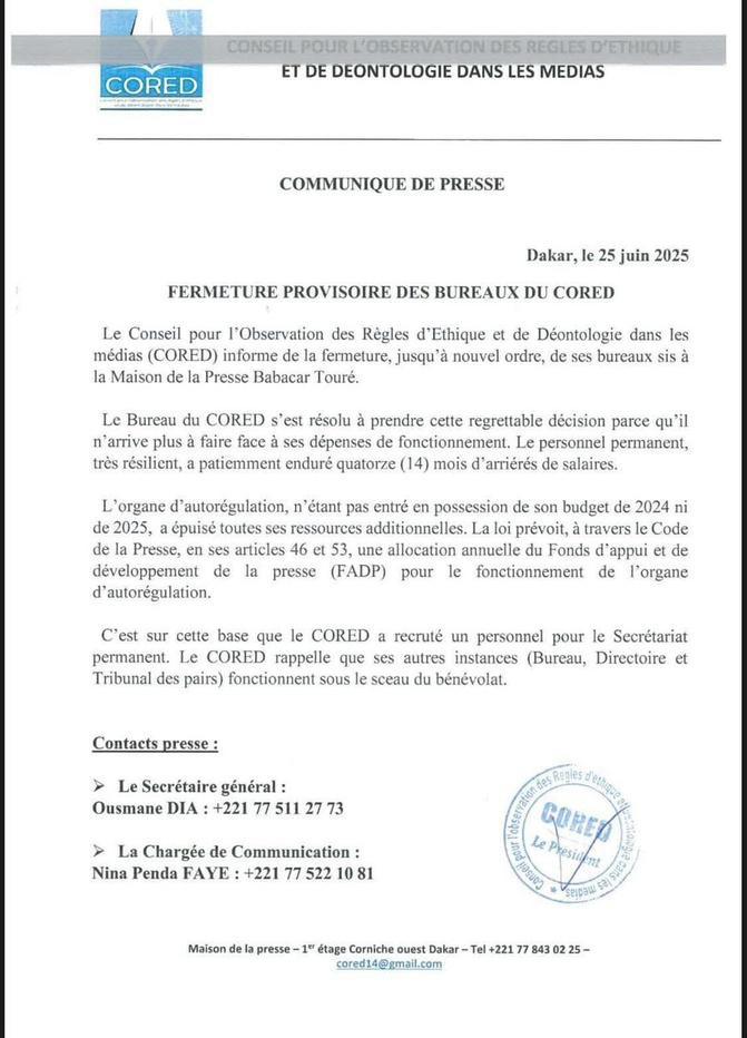 Faute de moyens financiers: Le CORED ferme provisoirement ses bureaux à la Maison de la Presse Babacar Touré