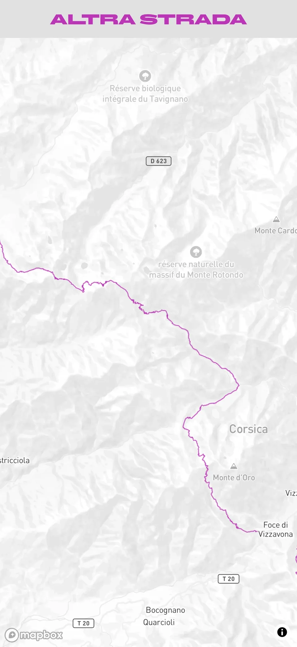 Still from the video: the Haute Route Corse trail on a terrain map styled with Mapbox.