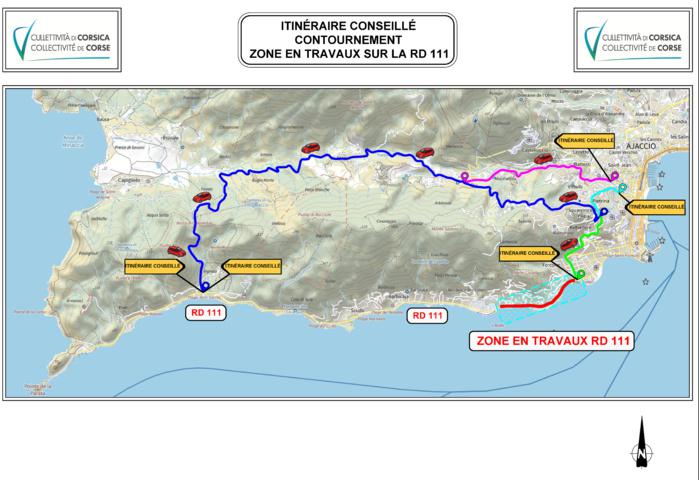Travaux sur la route des Sanguinaires (RD111 – Trottel/Cimetière) : Itinéraire alternatif par la route de Capu di Fenu, Aiacciu