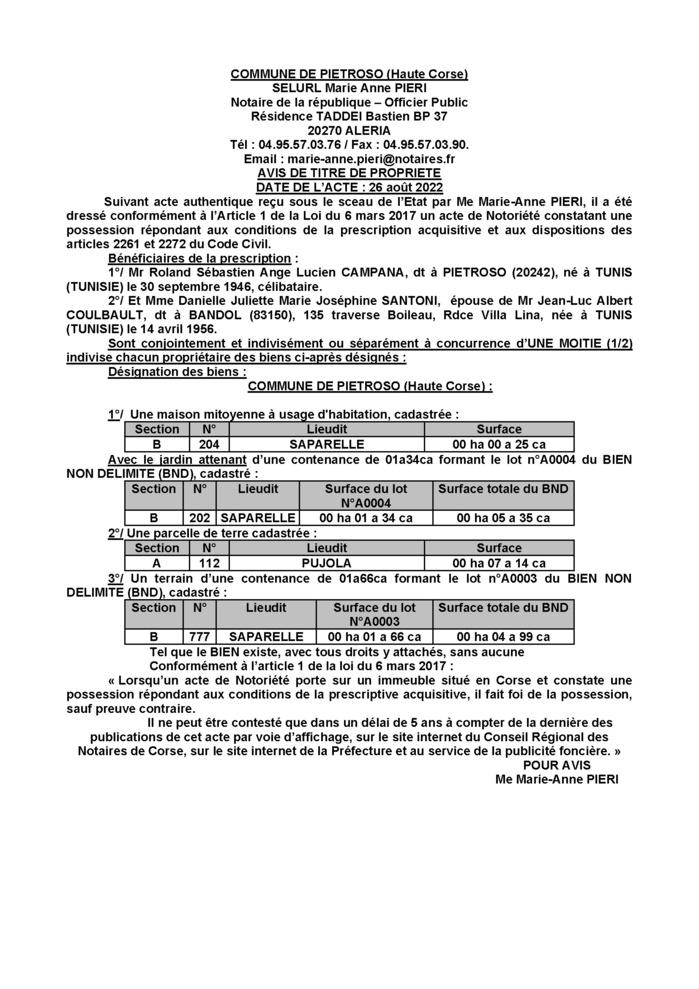 Avis de création de titre de propriété - Commune de Pietroso (Haute-Corse)