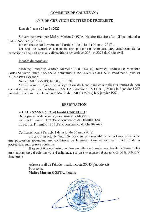 Avis de création de titre de propriété - Commune de Calenzana (Haute-Corse)