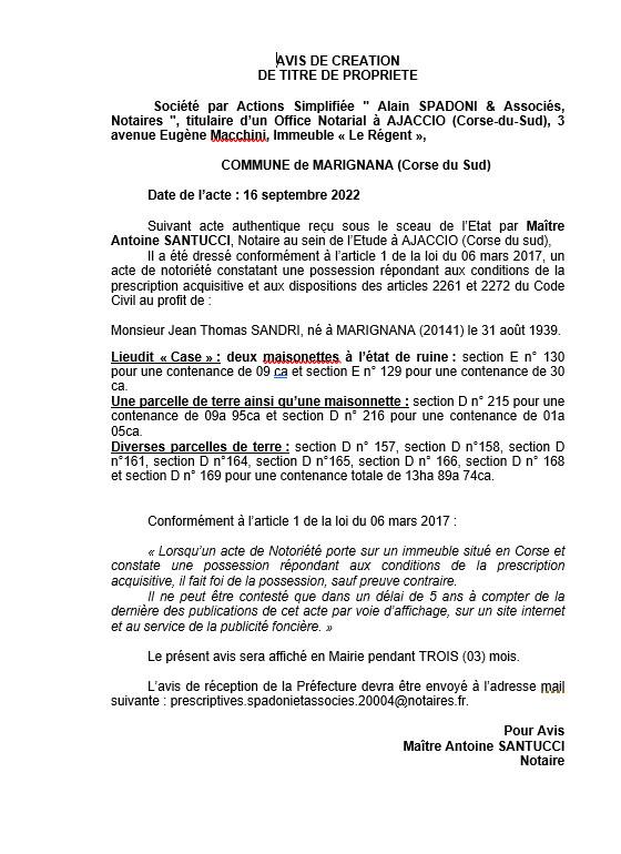Avis de création de titre de propriété - Communes de Marignana (Corse du Sud)