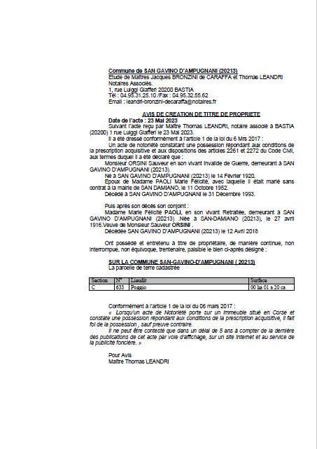  Avis de création de titre de propriété - Commune de San Gavinu d'Ampugnani (Cismonte)