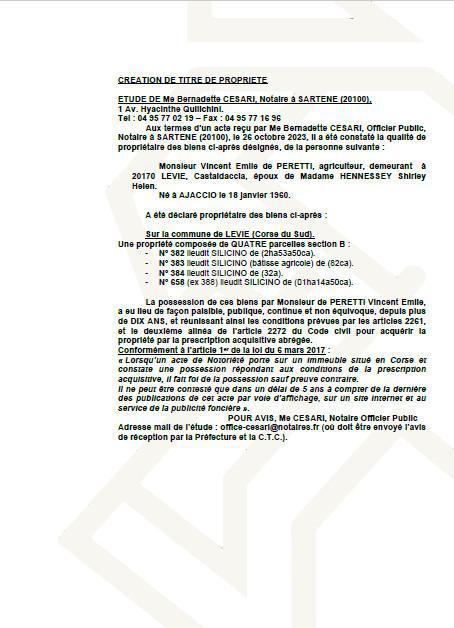 Avis de création de titre de propriété - Commune de Livia (Pumonti)