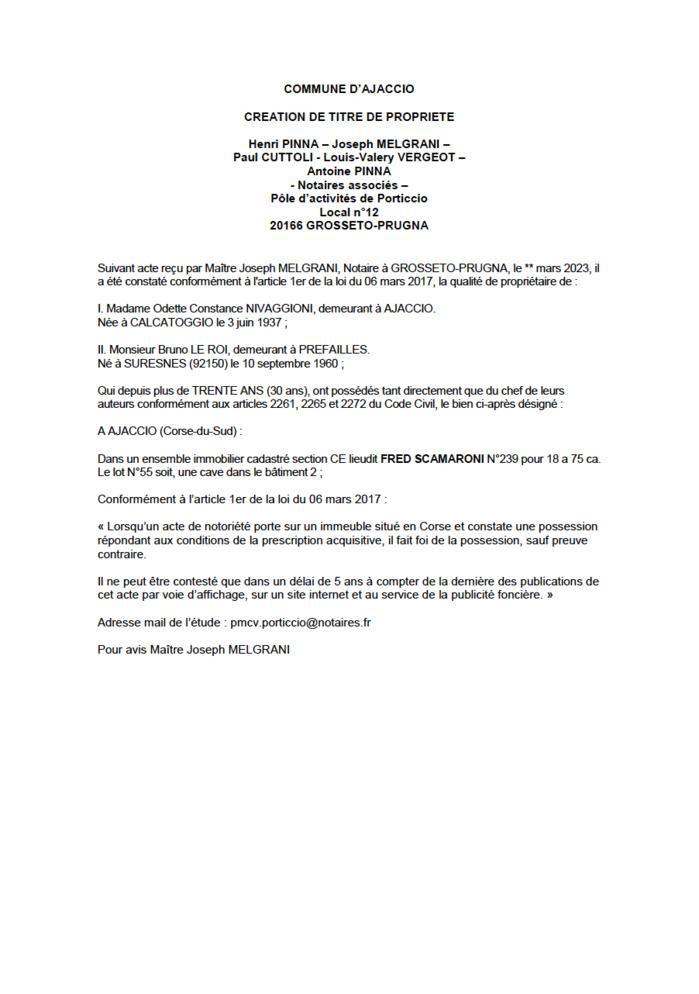Avis de création de titre de propriété - Commune d'Aiacciu (Pumonti)