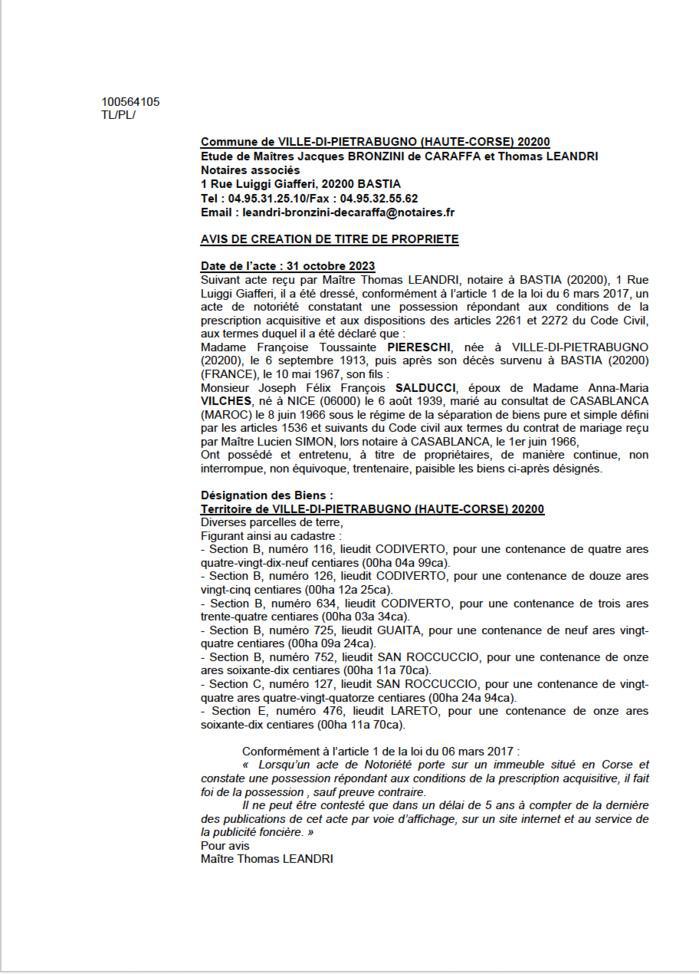 Avis de création de titre de propriété - Commune de E Ville di Pietrabugnu (Cismonte)