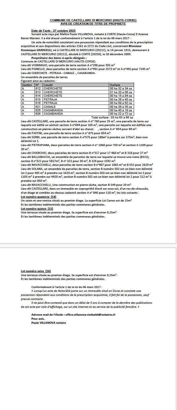 Avis de création de titre de propriété - Commune de U Castellà di Mercoriu (Cismonte)
