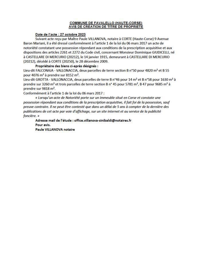 Avis de création de titre de propriété - Commune de U Favalellu (Cismonte)