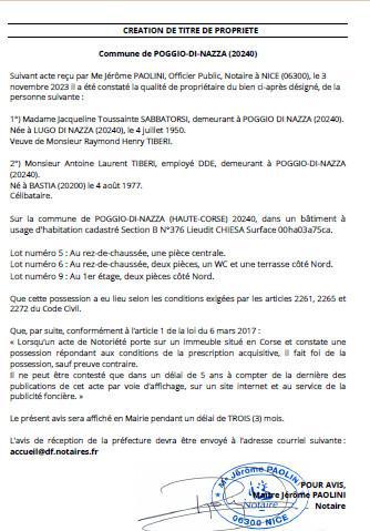 Avis de création de titre de propriété - Commune de U Lugu di Nazza (Cismonte)