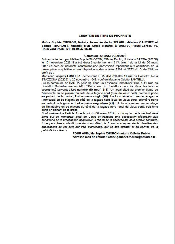 Avis de création de titre de propriété - Commune de Bastia (Cismonte)