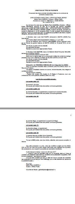 Avis de création de titre de propriété - Commune de Ghisoni (Pumonti)