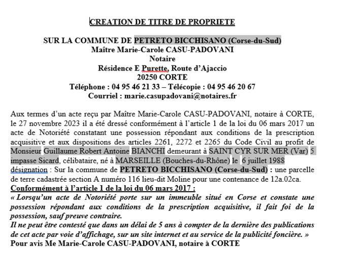 Avis de création de titre de propriété - Commune de Corti (Cismonte)