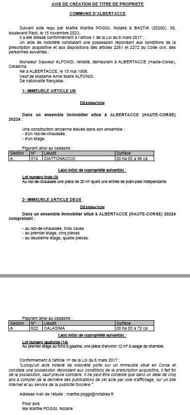 Avis de création de titre de propriété - Commune d'Albertacce (Cismonte)