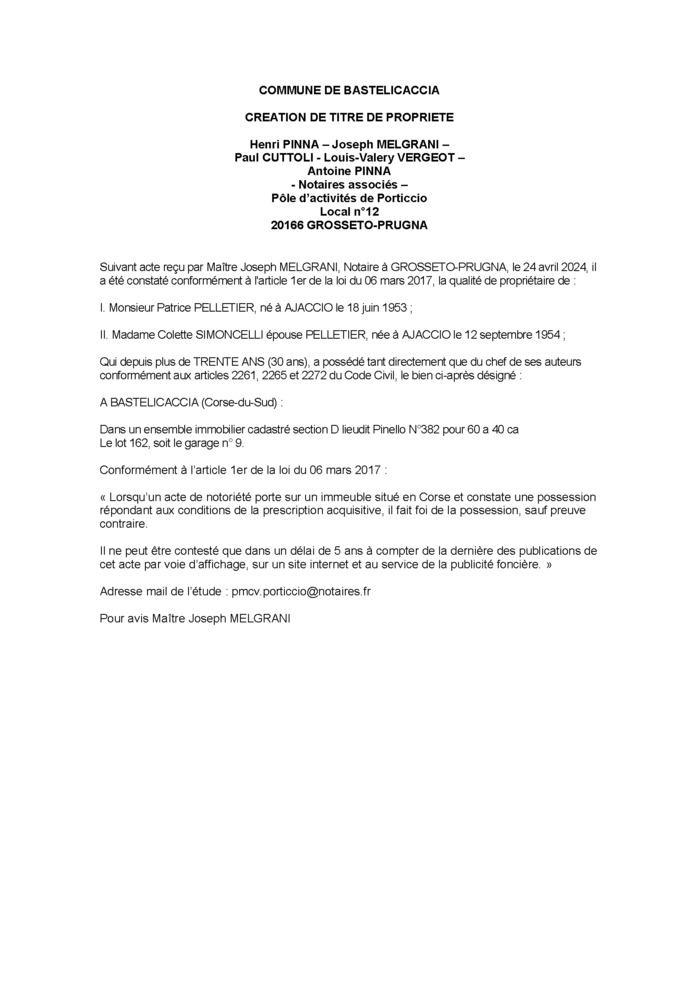 Avis de création de titre de propriété - Commune d'A Bastilicaccia (Pumonti) Avis de création de titre de propriété - Commune d'A Bastilicaccia (Pumonti)