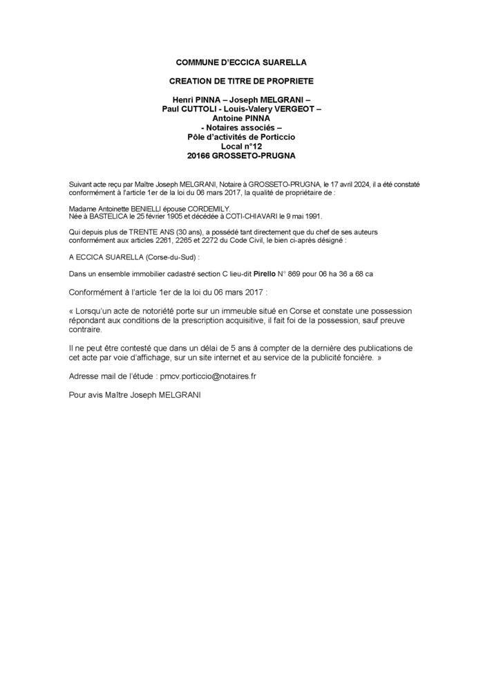 Avis de création de titre de propriété - Commune d'Eccica è Suaredda (Pumonti) Avis de création de titre de propriété - Commune d'Eccica è Suaredda (Pumonti)