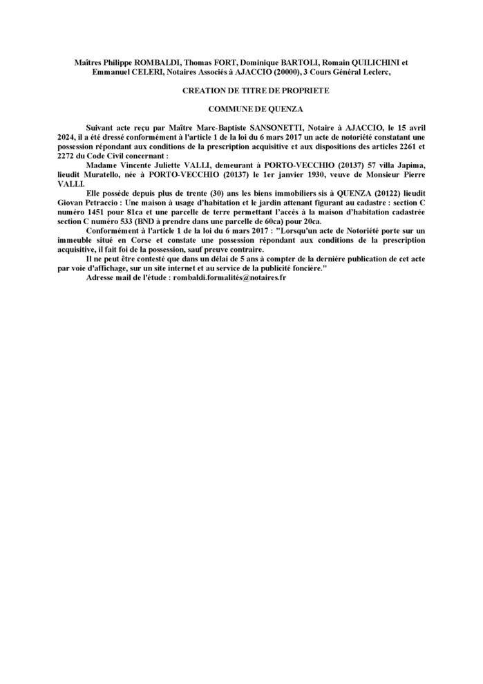 Avis de création de titre de propriété - Commune de Quenza (Pumonti) Avis de création de titre de propriété - Commune de Quenza (Pumonti)
