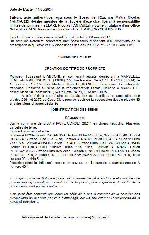 Avis de création de titre de propriété - Commune de Zilia (Pumonti) Avis de création de titre de propriété - Commune de Zilia (Pumonti)