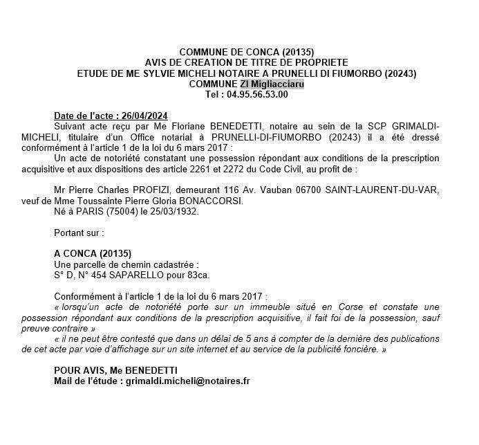 Avis de création de titre de propriété - Commune de Conca (Cismonte)