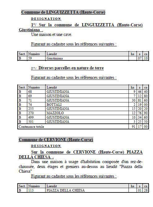 Avis de création de titre de propriété - Commune de Linguizzetta (Cismonte)