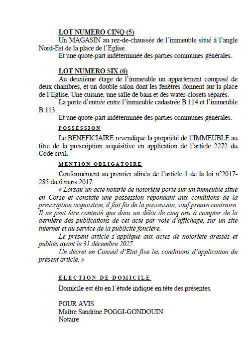 Avis de création de titre de propriété - Commune de Linguizzetta (Cismonte)