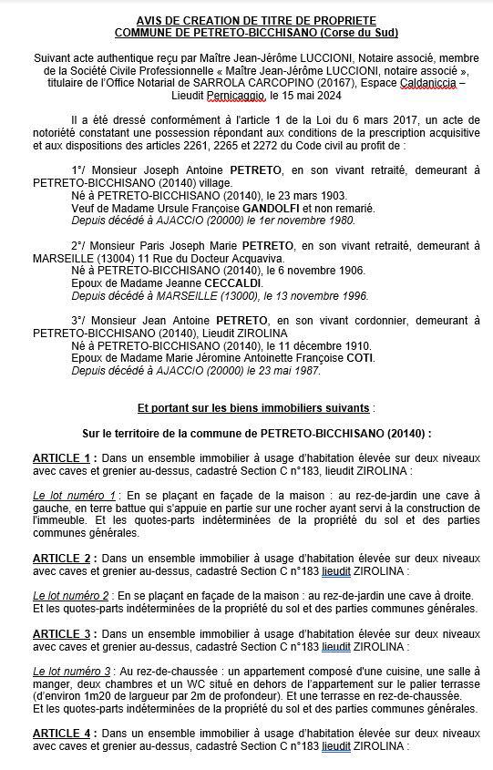 Avis de création de titre de propriété - Commune de Pitretu è Bicchisgià (Pumonti)