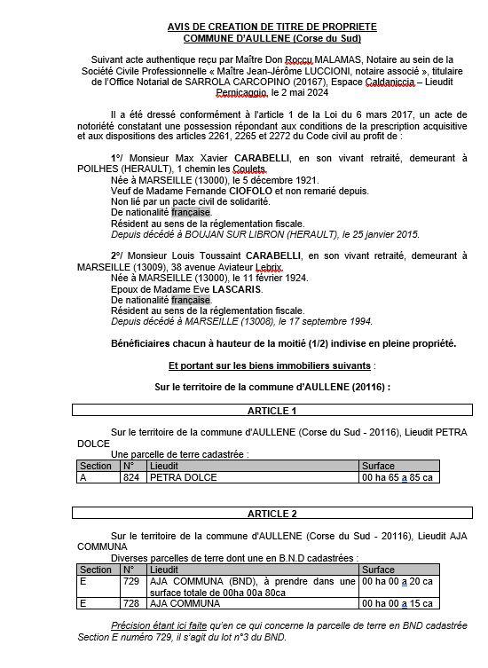 Avis de création de titre de propriété - Commune de Auddè (Pumonti)