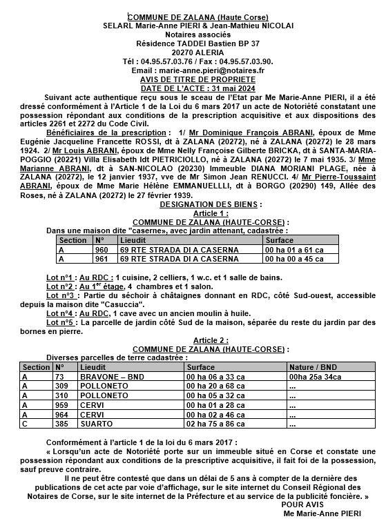 Avis de création de titre de propriété - Commune de Zalana (Cismonte)