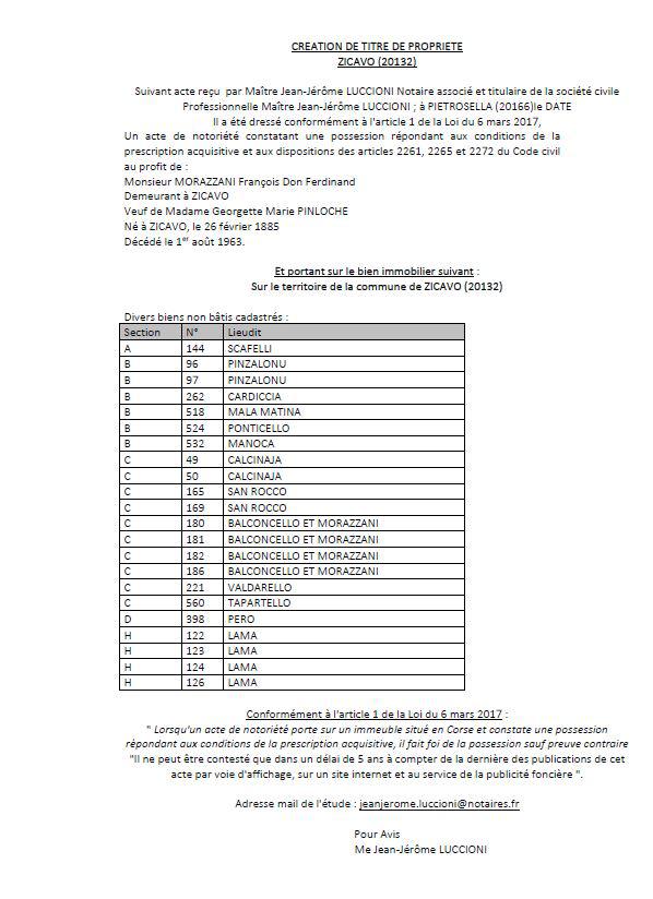 Avis de création de titre de propriété - Commune de Zicavu (Pumonti)