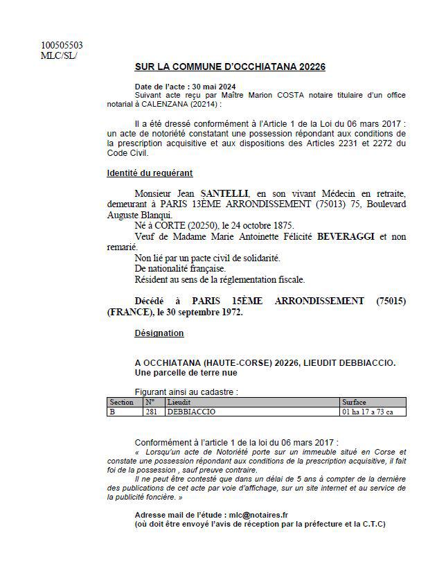 Avis de création de titre de propriété - Commune de Ochjatana (Cismonte)