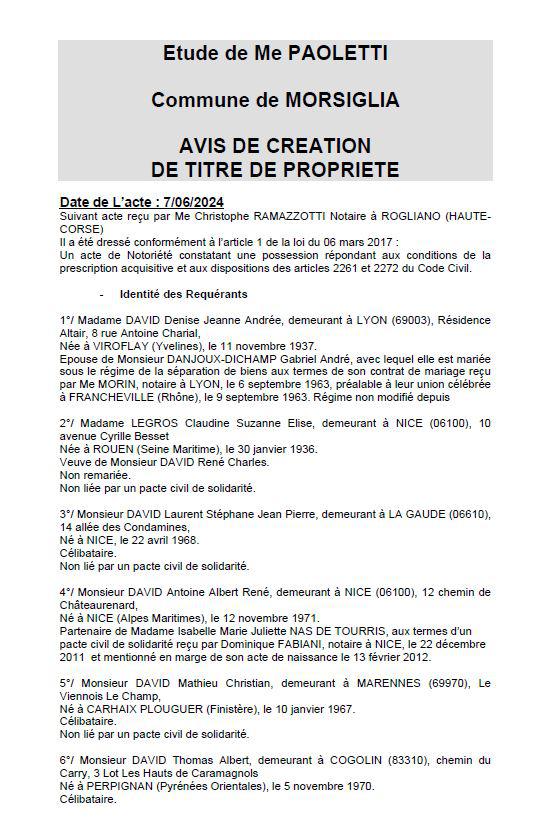 Avis de création de titre de propriété - Commune de Mursiglia (Cismonte)