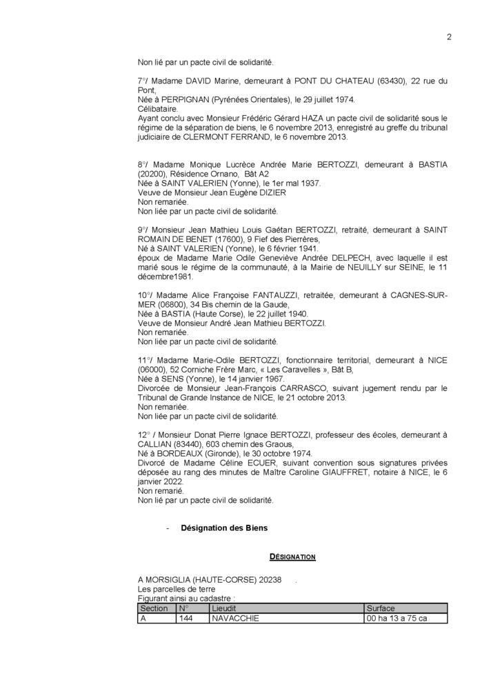 Avis de création de titre de propriété - Commune de Mursiglia (Cismonte)