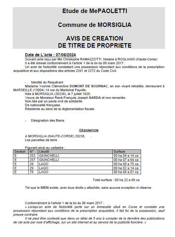 Avis de création de titre de propriété - Commune de Mursiglia (Cismonte)